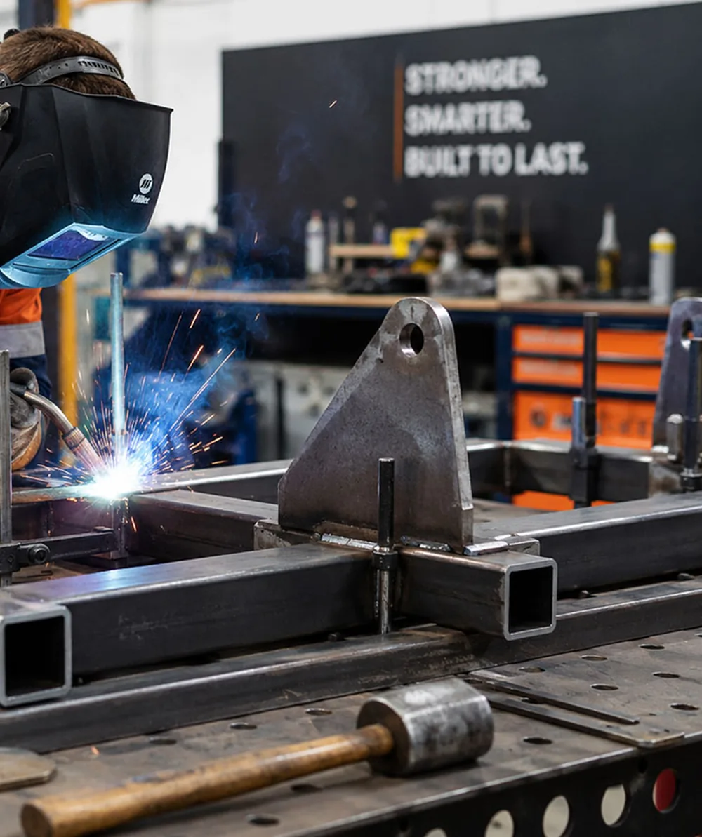 Close-up of an East Coast Ignite welder fabricating a steel structure with sparks flying