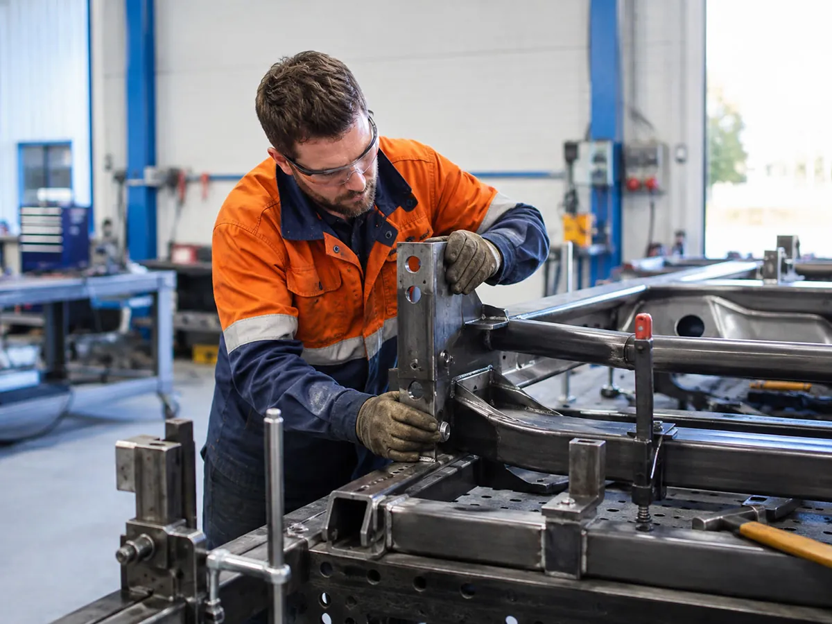 East Coast Ignite technician fabricating and fitting a vehicle chassis frame