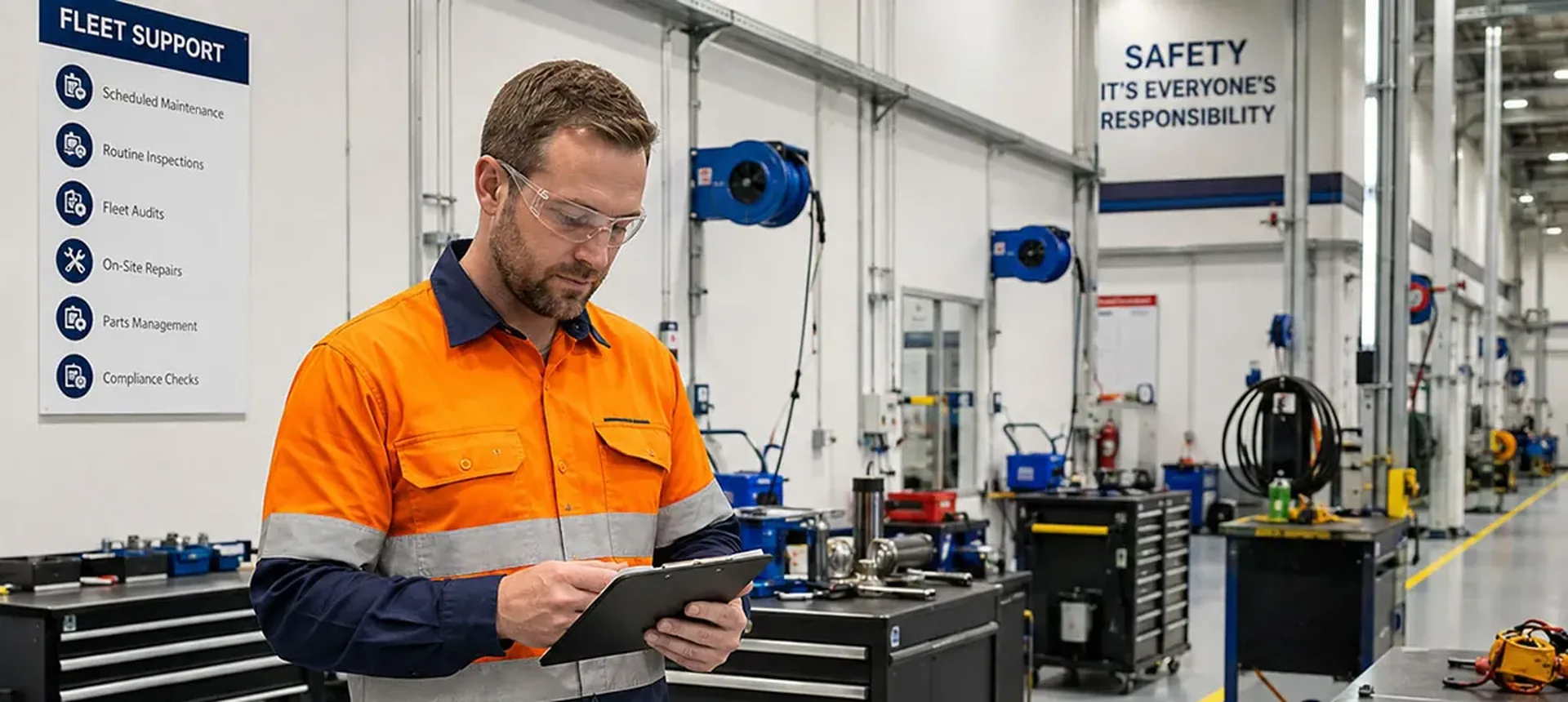 East Coast Ignite technician reviewing a maintenance checklist in the workshop