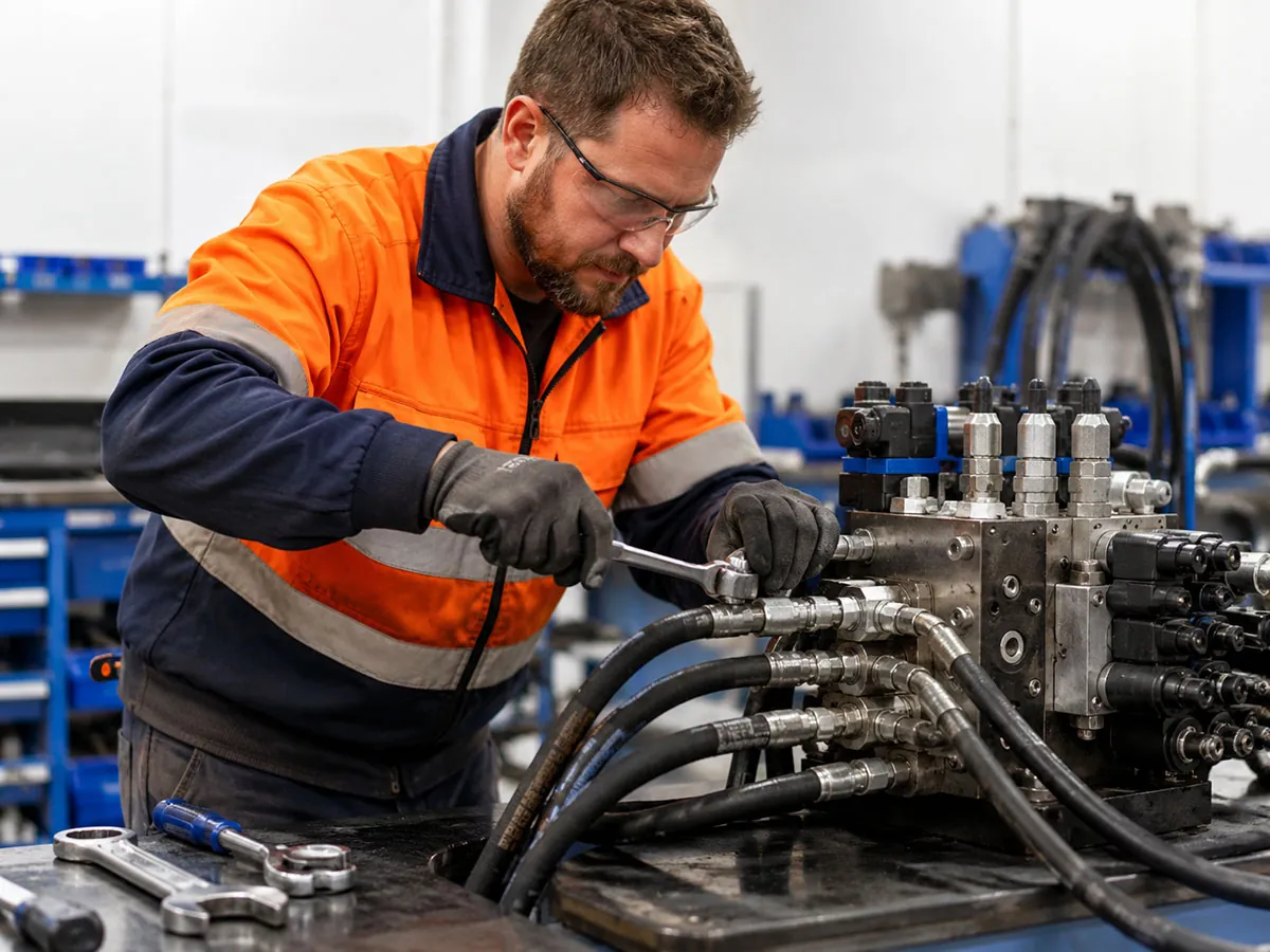 East Coast Ignite technician servicing a hydraulic system in an industrial workshop